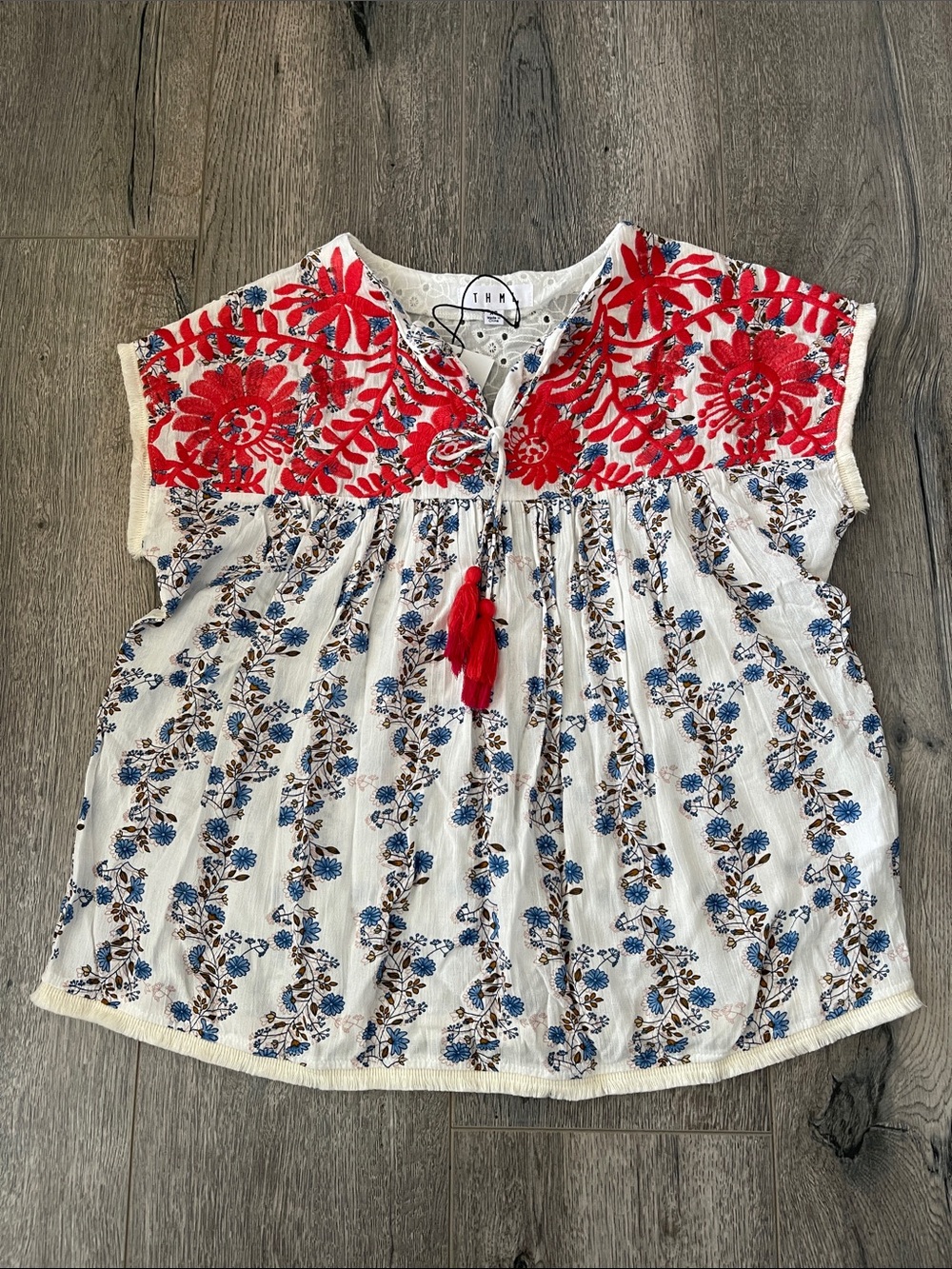 THML White Blouse with Red Embroidered Yoke and Blue Floral Print